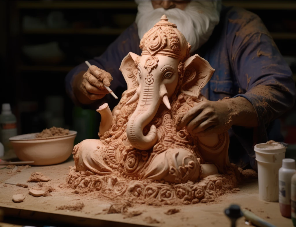 Artisan shaping a shadu mati clay Ganesha idol for an eco friendly Ganesh decoration