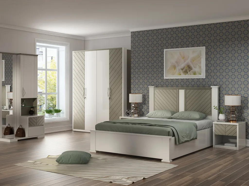 Low platform bed with a fluted veneer headboard