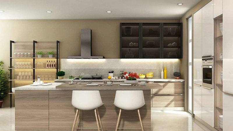 Open kitchen ideas with a light wood island and white bar stools
