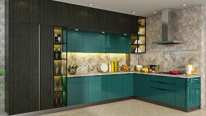 Modern kitchen cabinet design in teal gloss with dark tall units