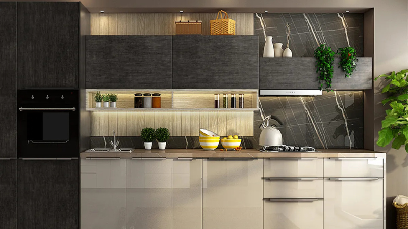 modular kitchen with dark wood-look wall units and ivory gloss base cabinets