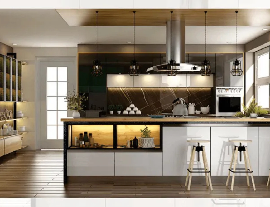 Parallel kitchen two facing counters with open shelving
