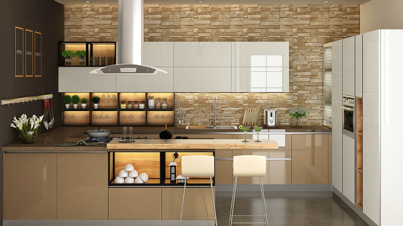 Modular kitchen prices in Mumbai - Spacewood L-shape kitchen with breakfast counter