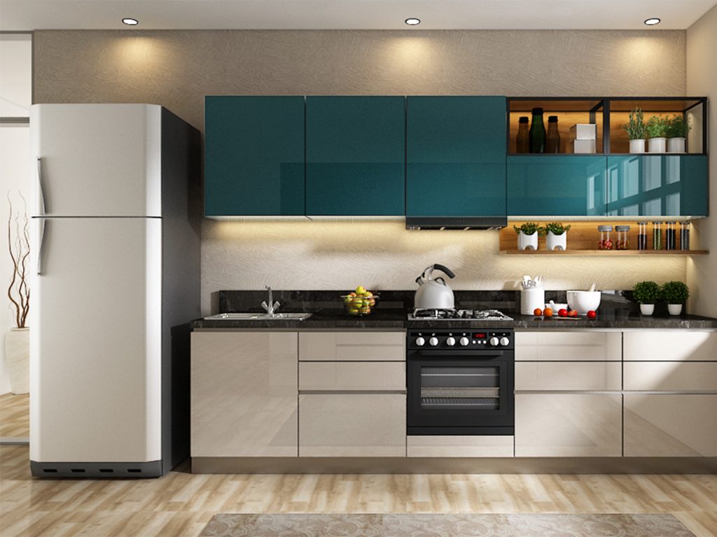 Straight modular kitchen with teal wall units, among the most affordable layouts