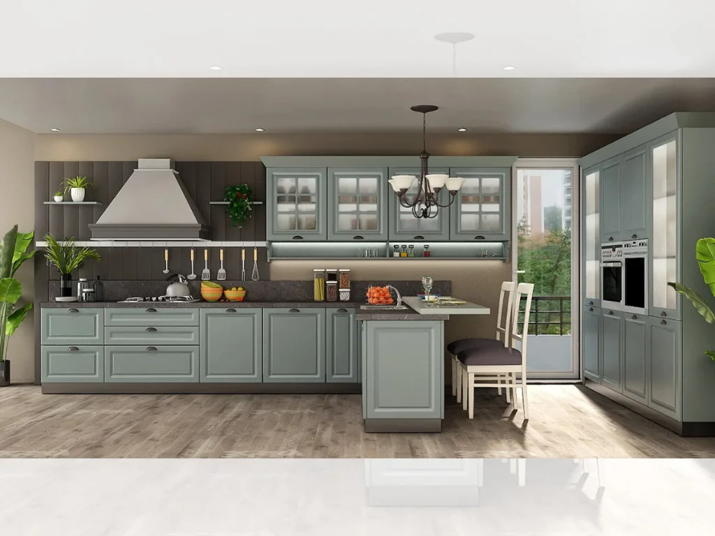 Traditional kitchen design with sage green shaker shutters and a hood chimney