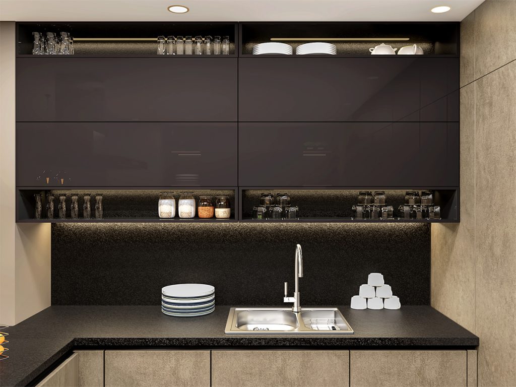 Compact L-shape modular kitchen in a Mumbai flat with dark wall units