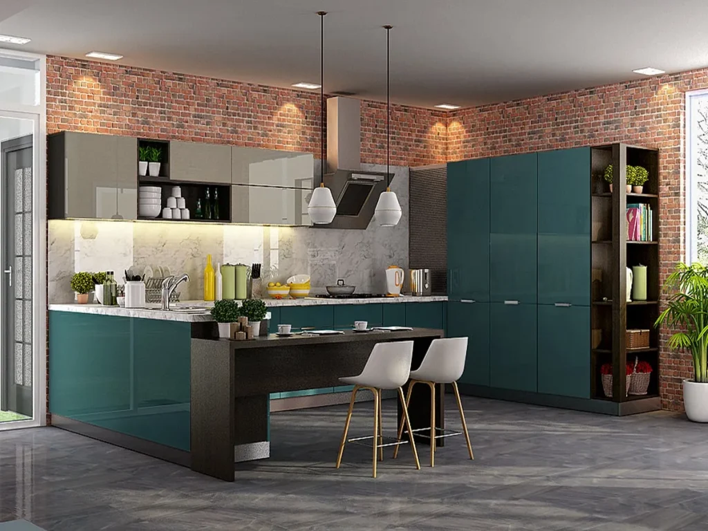 Open kitchen layout with a peninsula counter and teal cabinets