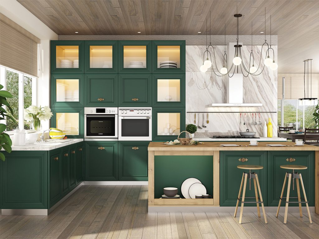 Traditional kitchen design in green with glass-front cabinets