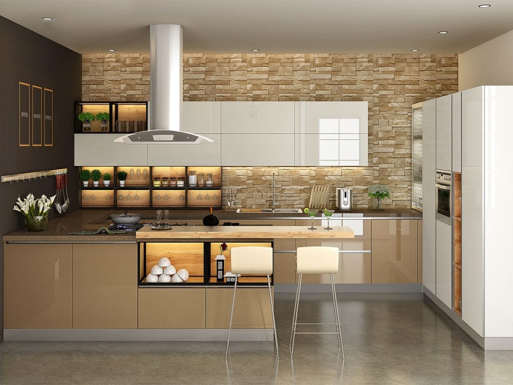 Modular kitchen prices in Mumbai - Spacewood L-shape kitchen with breakfast counter
