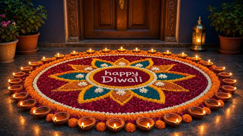 Colourful_flower_rangoli_bordered_with_lit_diyas_centre_writ