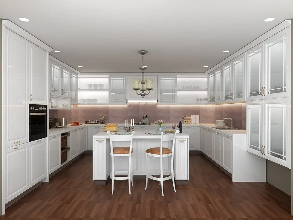 Modular kitchen prices in Mumbai: white classic U-shape kitchen with an island