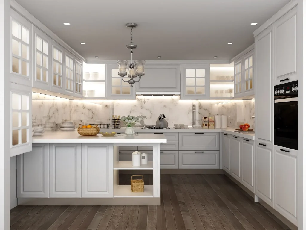 White traditional kitchen design with panelled shutters and an island