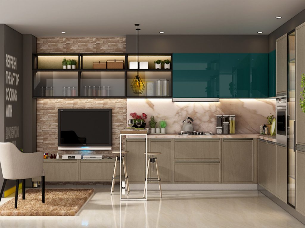 Modular kitchen designs with price in mind: L-shape kitchen with brick wall and open shelves