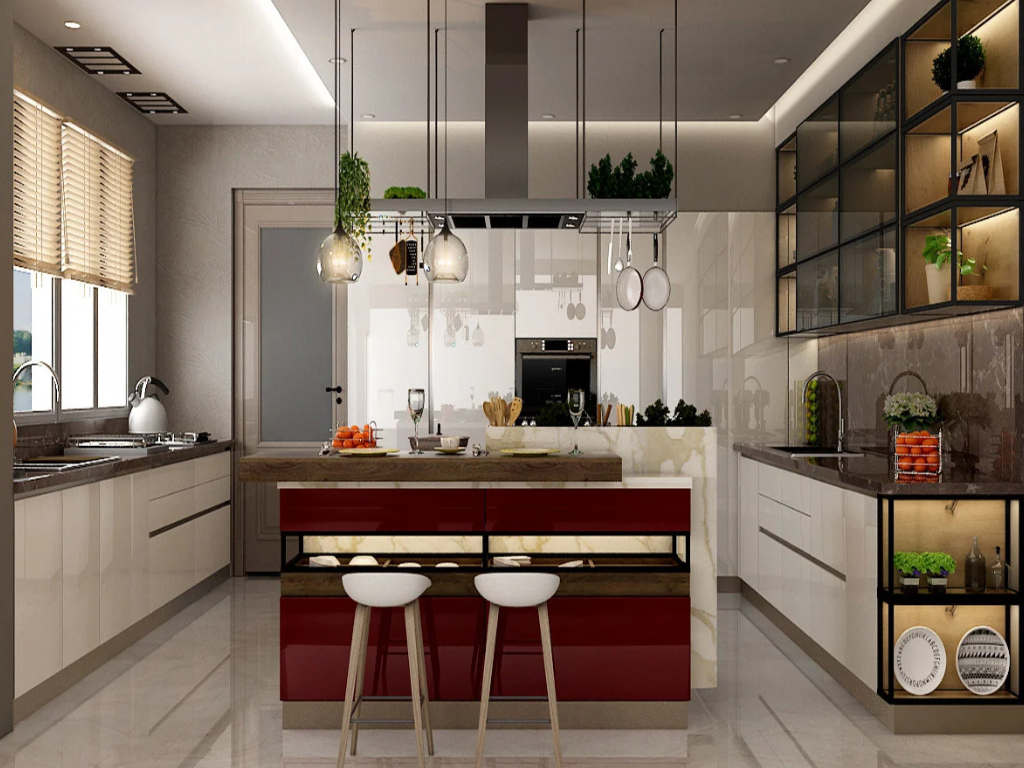 Modern open kitchen design with a red island and pendant lights facing the living room
