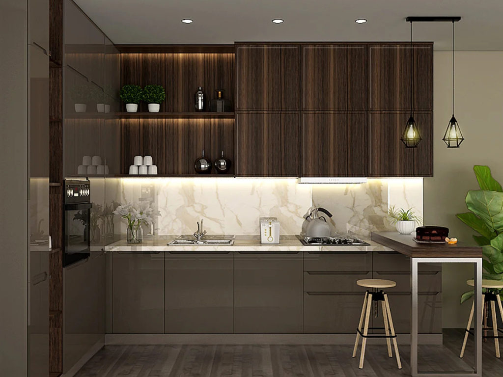 Open kitchen design L shape with dark wood cabinets and a breakfast counter