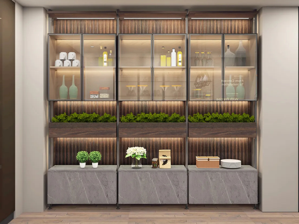 Glass-front kitchen cabinet design with lit shelves and grey base drawers