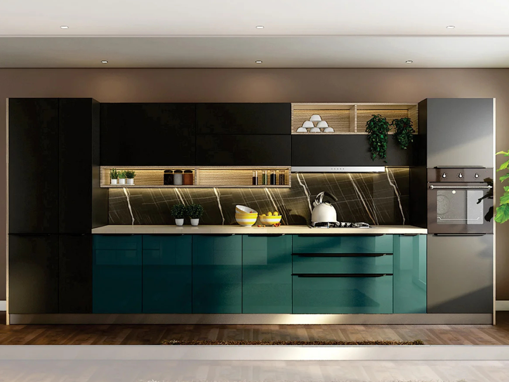 Modern style kitchen cabinets in teal with black handleless wall units