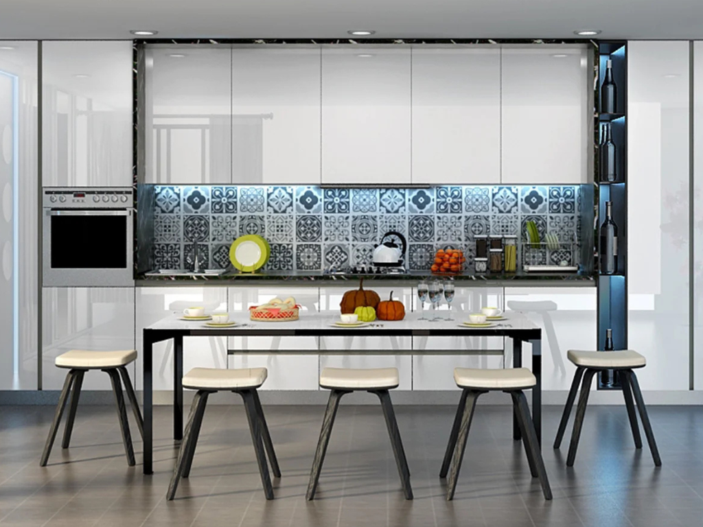 Kitchen cabinet design with white gloss shutters and a patterned tile backsplash