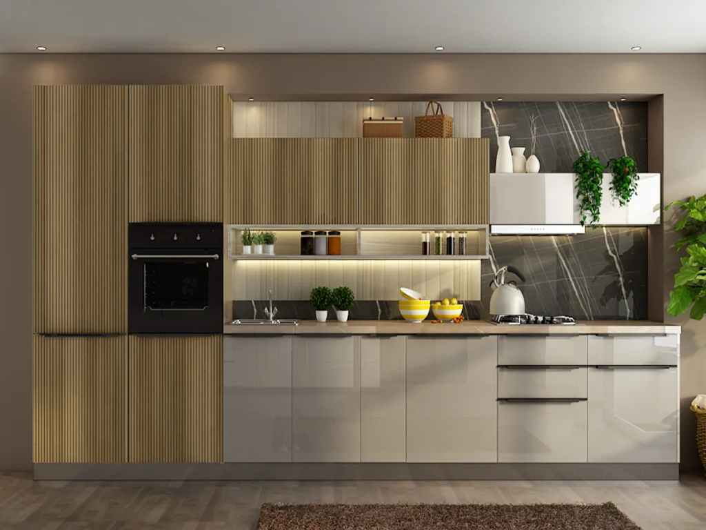 Modern kitchen cabinet design with fluted wood tall units and white gloss base cabinets