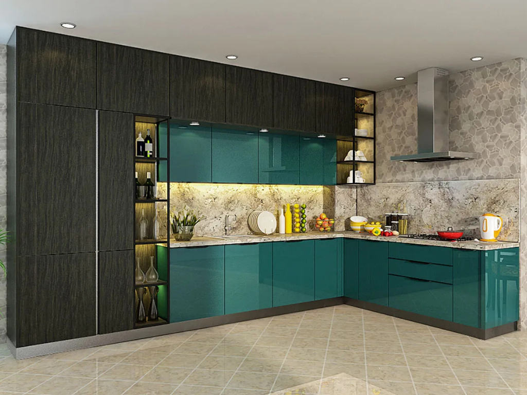 Modern kitchen cabinet design in teal gloss with dark tall units