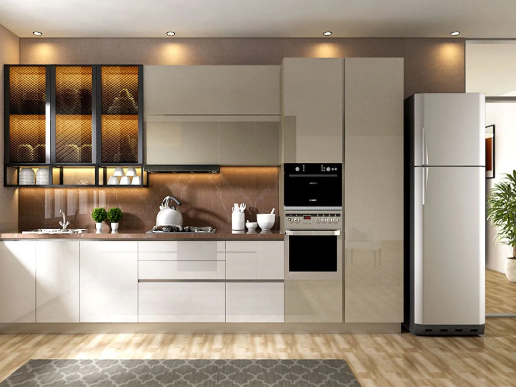 Parallel kitchen with open shelves and closed base cabinets