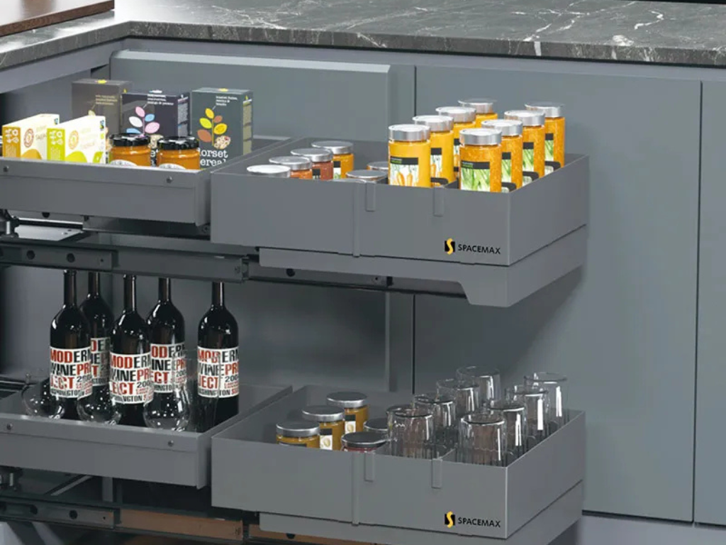 Modular kitchen carcass base unit with pull-out baskets and bottle racks