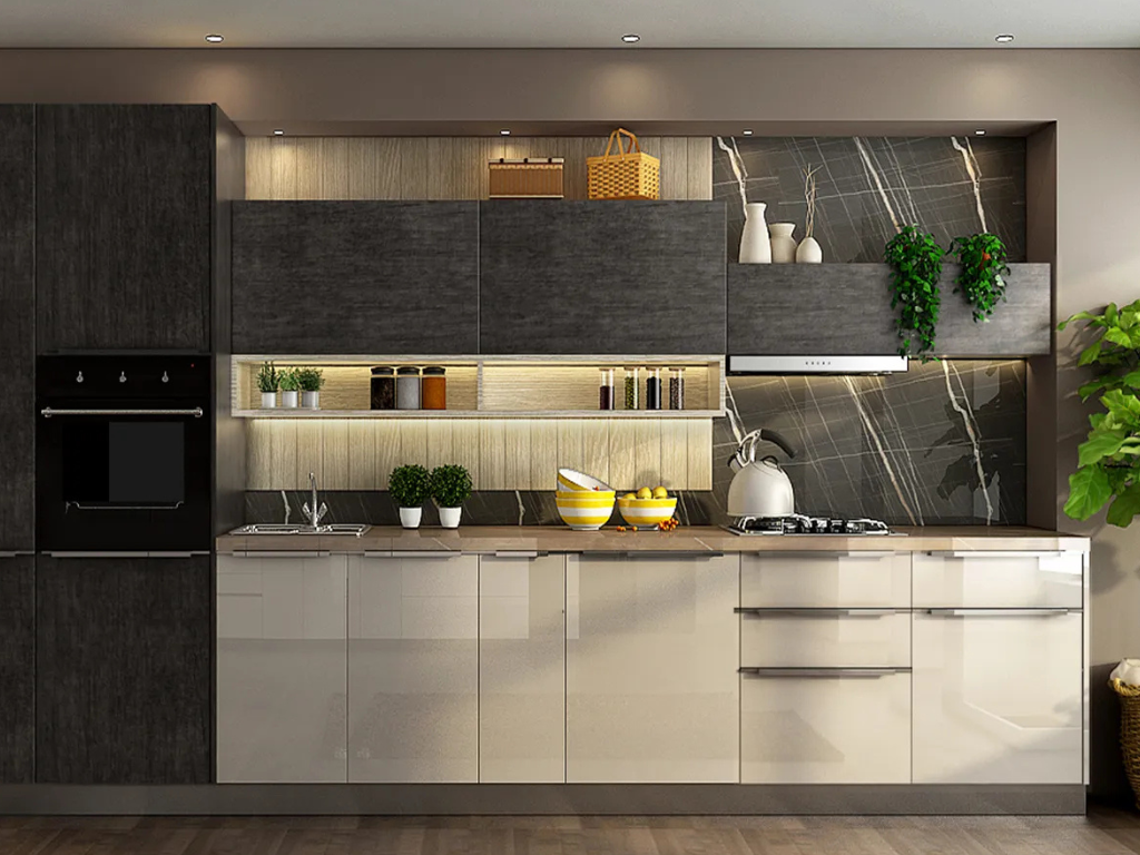 modular kitchen with dark wood-look wall units and ivory gloss base cabinets