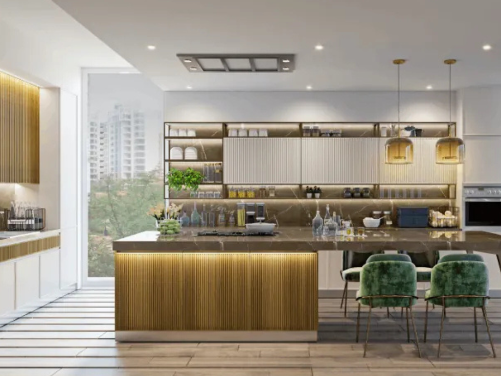 Parallel kitchen ideas with a wooden island counter facing a light wall run
