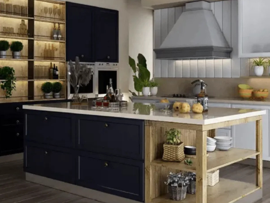 Parallel modular kitchen designs with navy shaker cabinets and a facing counter