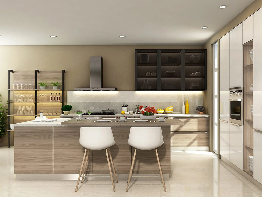 Open kitchen ideas with a light wood island and white bar stools