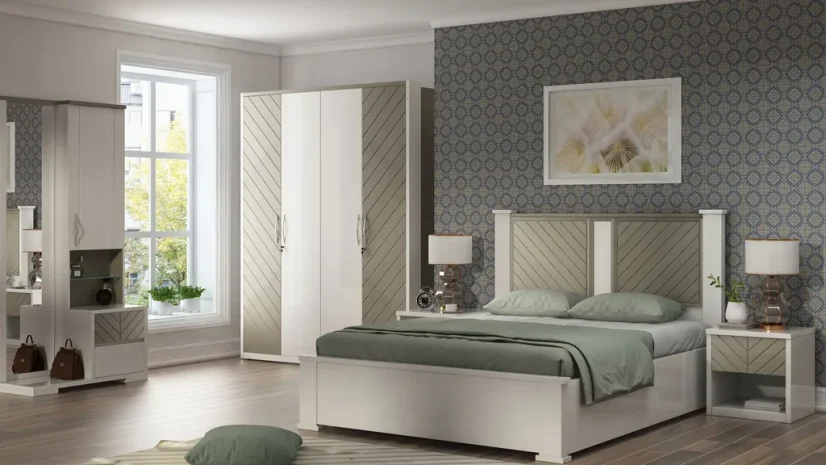 Low platform bed with a fluted veneer headboard